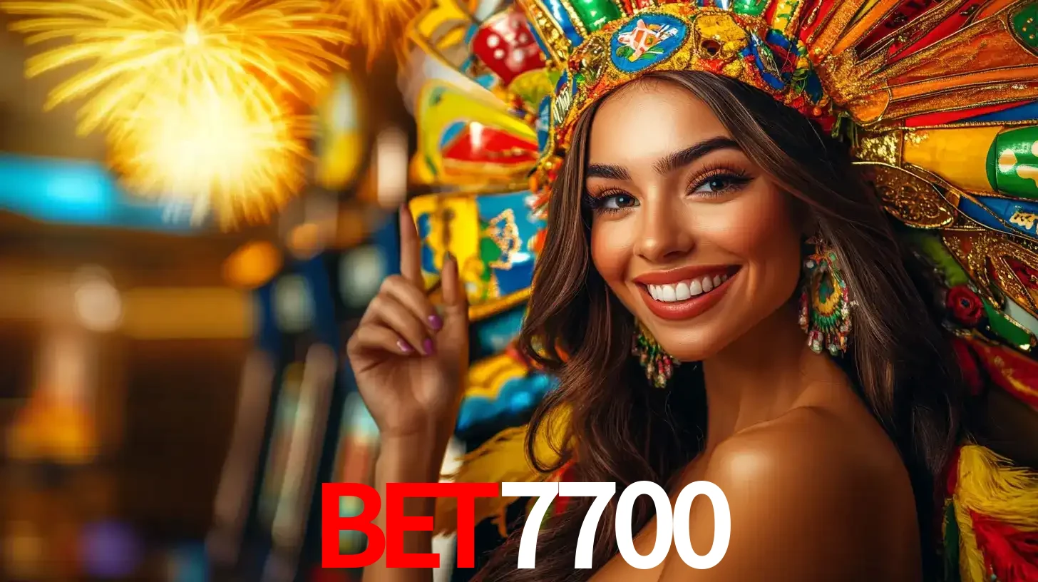 Mulher sorridente com um cocar de carnaval vibrante e colorido, celebrando uma grande vitória nos jogos do cassino bet7700 com fogos de artifício ao fundo.