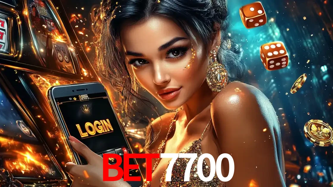 Mulher glamourosa segurando um celular com a tela de login do cassino bet7700, rodeada por dados e moedas douradas, pronta para começar a diversão.