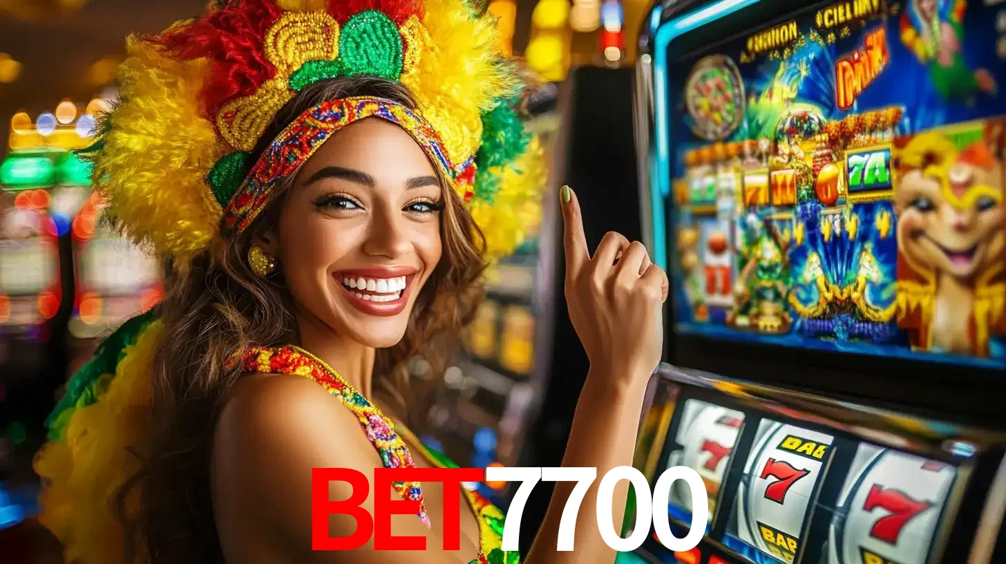 Mulher animada com um cocar de carnaval apontando para uma máquina de caça-níqueis, mostrando a emoção de ganhar um grande prêmio nos jogos do bet7700.