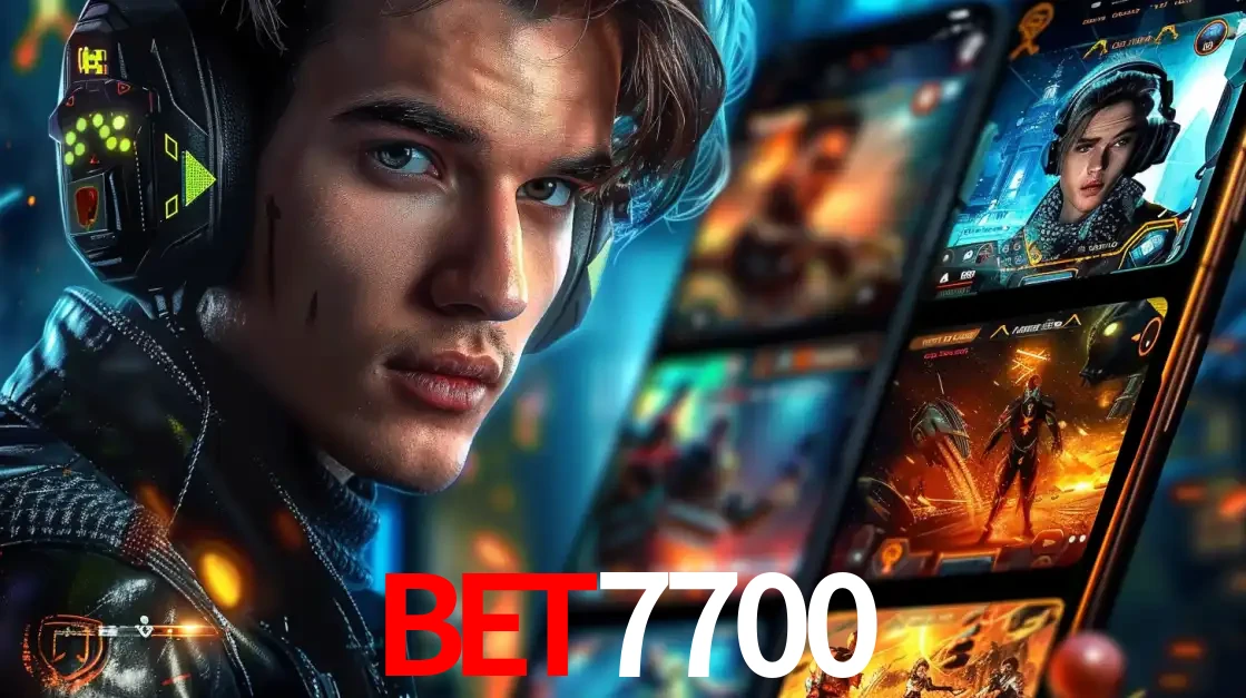 Jovem jogador com fones de ouvido olhando para a câmera, com um aplicativo de jogos e e-sports para celular ao fundo, pronto para a competição e apostas no bet7700.