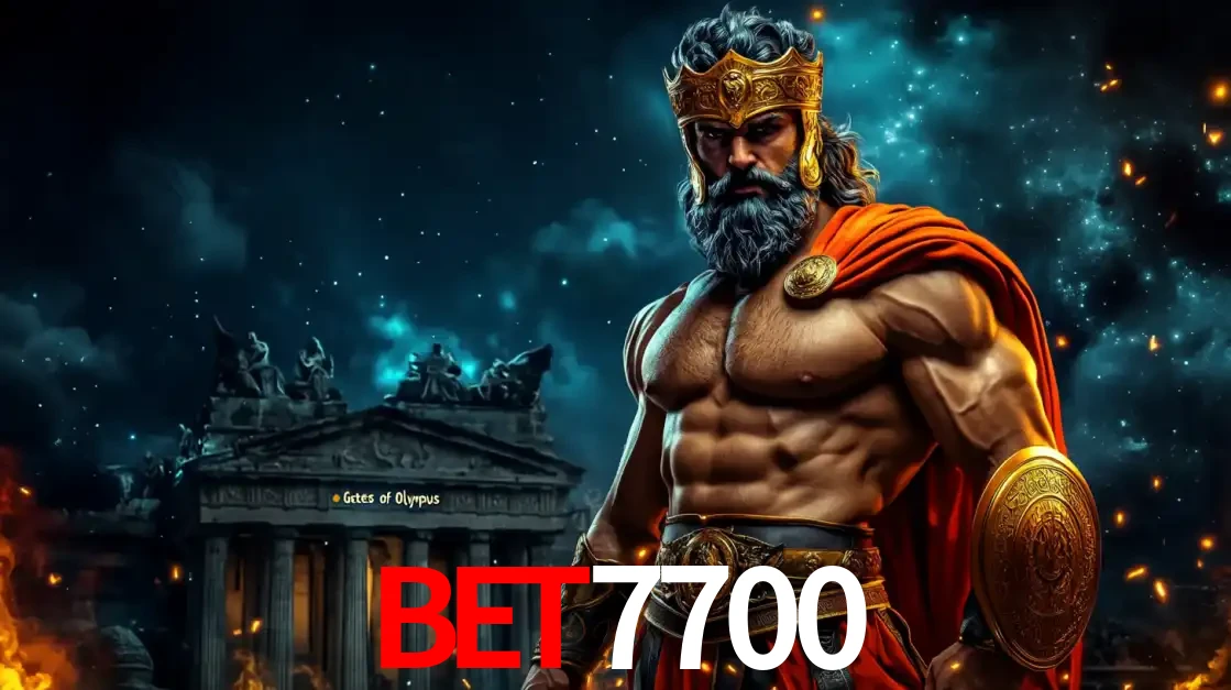O poderoso Zeus do jogo de slot Gates of Olympus em frente ao seu templo, pronto para lançar multiplicadores divinos e prêmios épicos no cassino online bet7700.