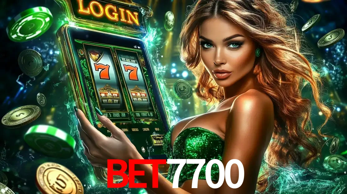 Mulher com tema verde apresentando o aplicativo do cassino bet7700 com um jogo de slot de 777, cercada por fichas de cassino e uma aura de sorte.