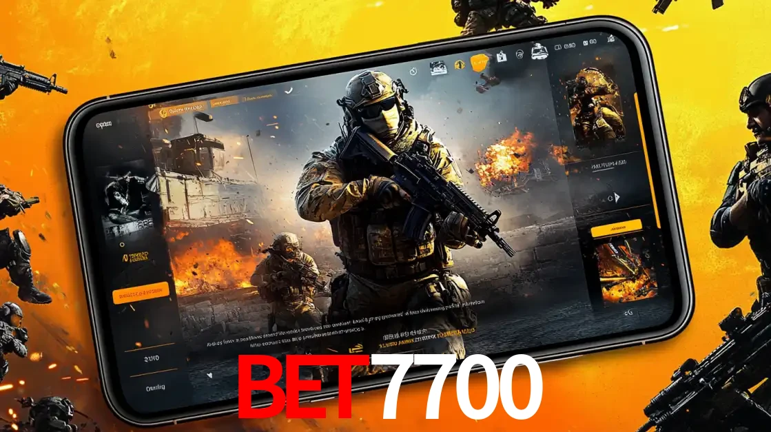 Um smartphone exibindo a interface de um jogo de tiro em primeira pessoa, com um soldado em um cenário de batalha, representando a ação dos e-sports para apostar no bet7700.