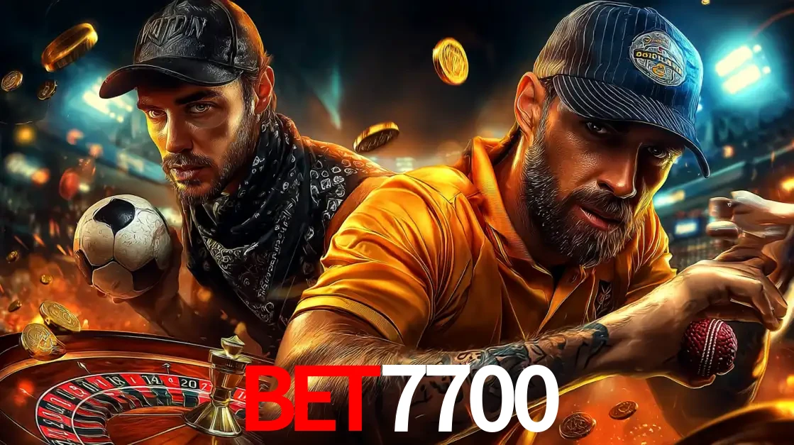 Montagem de apostas esportivas e cassino no bet7700, com um homem segurando uma bola de futebol e outro uma de beisebol sobre uma roleta e moedas voadoras.