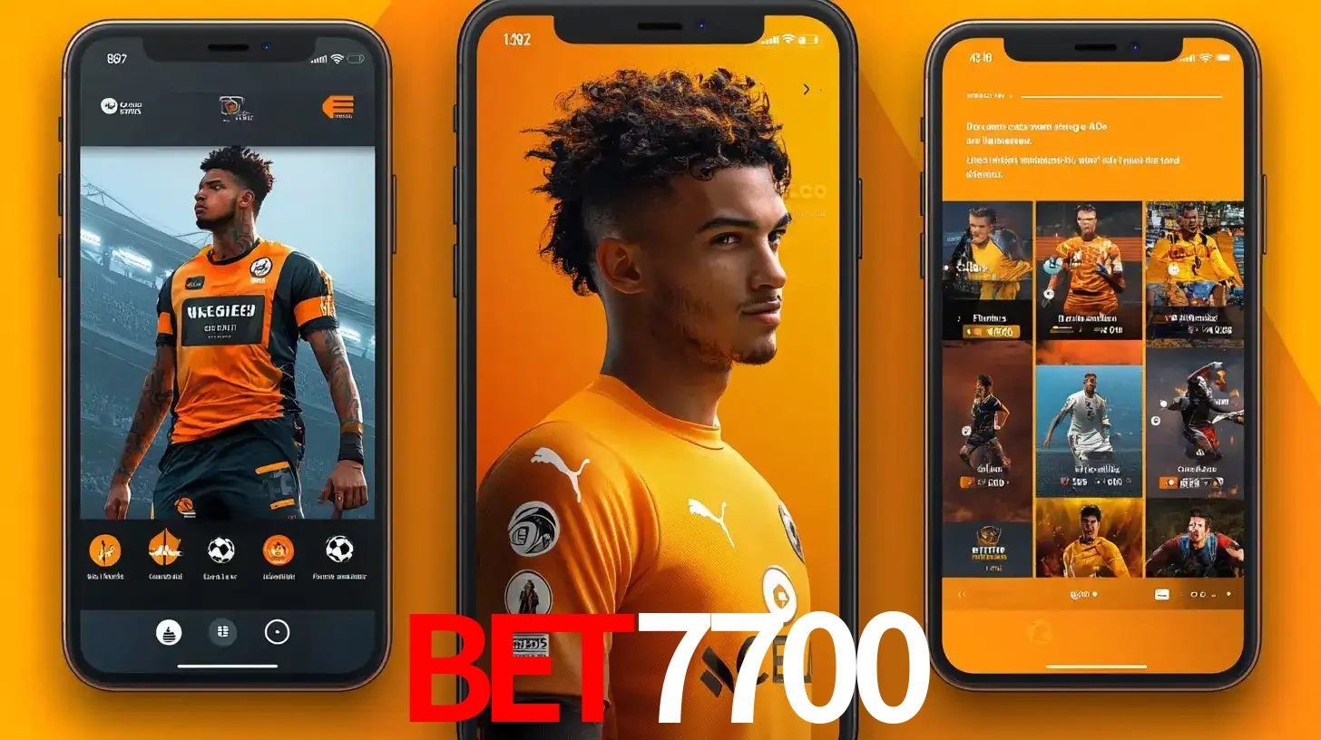 Interface do aplicativo de apostas esportivas bet7700 em três telas de celular, mostrando o perfil de um jogador de futebol e a lista de jogos disponíveis para apostar.