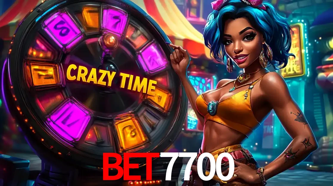 Mulher estilizada com cabelo azul e visual vibrante posando ao lado da roda de prêmios do game show Crazy Time, convidando para a diversão e os bônus do cassino bet7700.