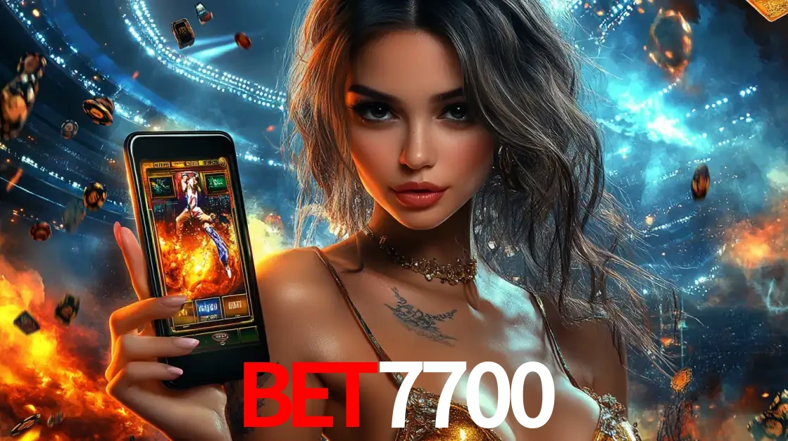 Mulher segurando um celular com um jogo de slot em destaque, tendo como fundo um estádio vibrante, simbolizando a emoção de jogar no cassino móvel bet7700.