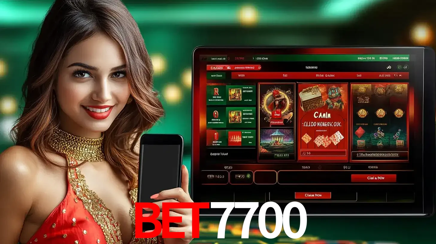 Mulher sorridente segurando um smartphone, ao lado de uma tela exibindo o lobby de jogos do cassino online bet7700, com várias opções de jogos de cartas e slots.
